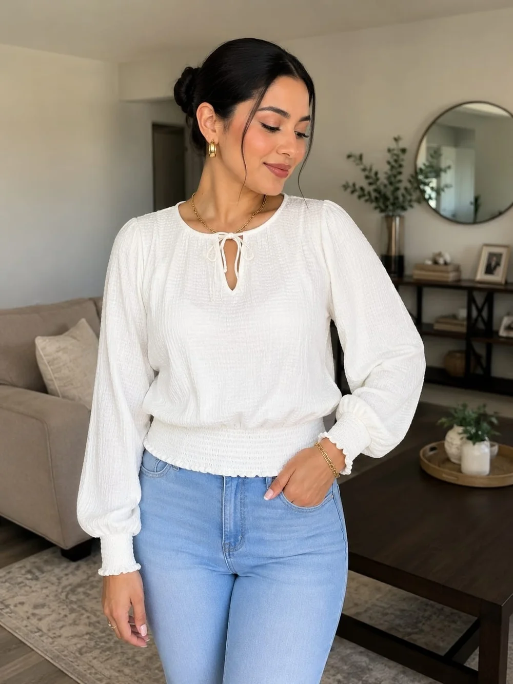 Anthropologie Cream Textured Tie-Neck Smocked-Waist Blouse